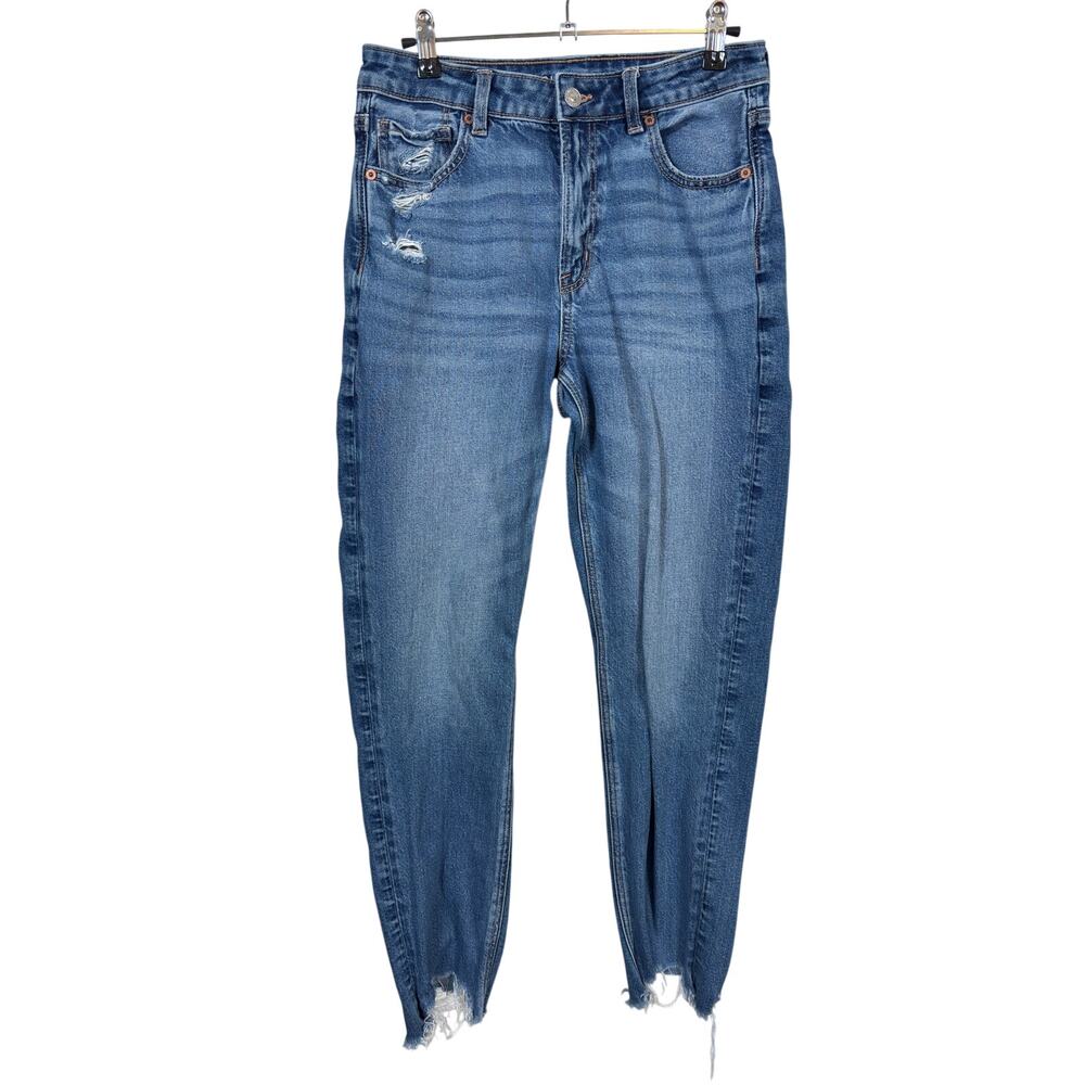 American Eagle Strigid Mom Jeans Womens 6 Blue High Rise Distressed Raw Hem